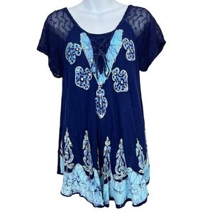 California Woman Batik Tunic Womens L Blue‎ Sequin Lace Embroidered Boho Top